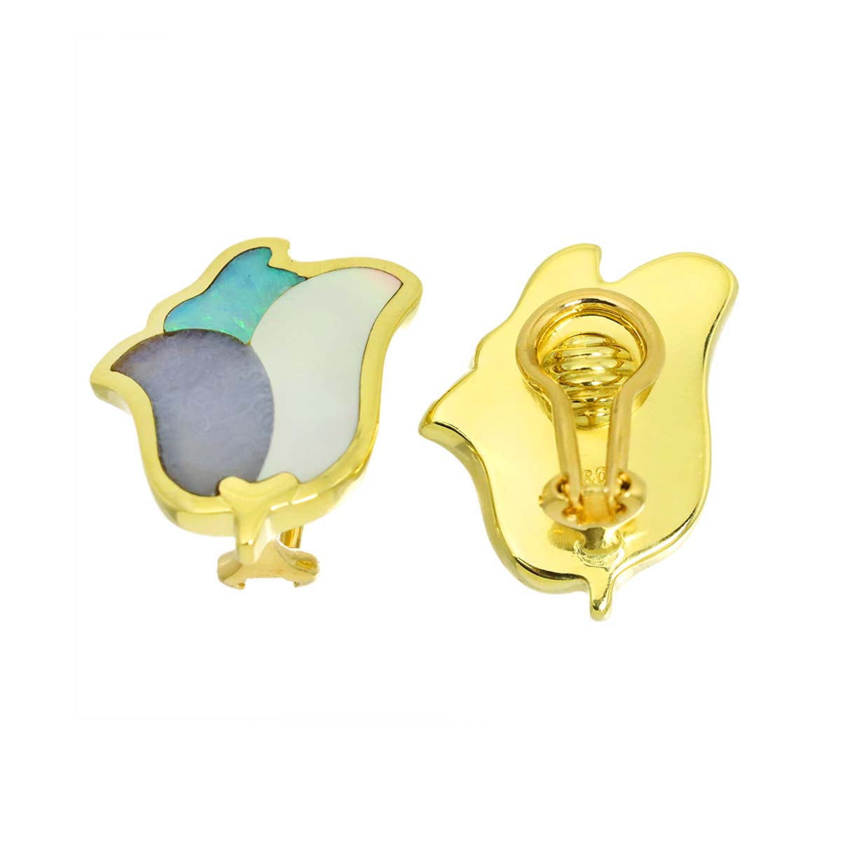 MOP Chalcedony Opal Earrings Clip on 18K Yellow Gold 750