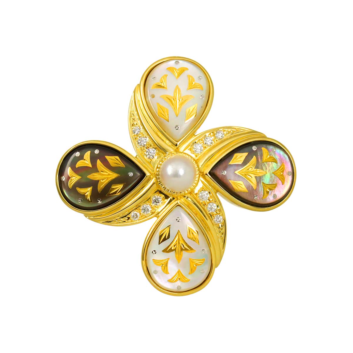 Pique MOP Akoya Pearl 5.3mm Diamond Brooch 18K YG 750