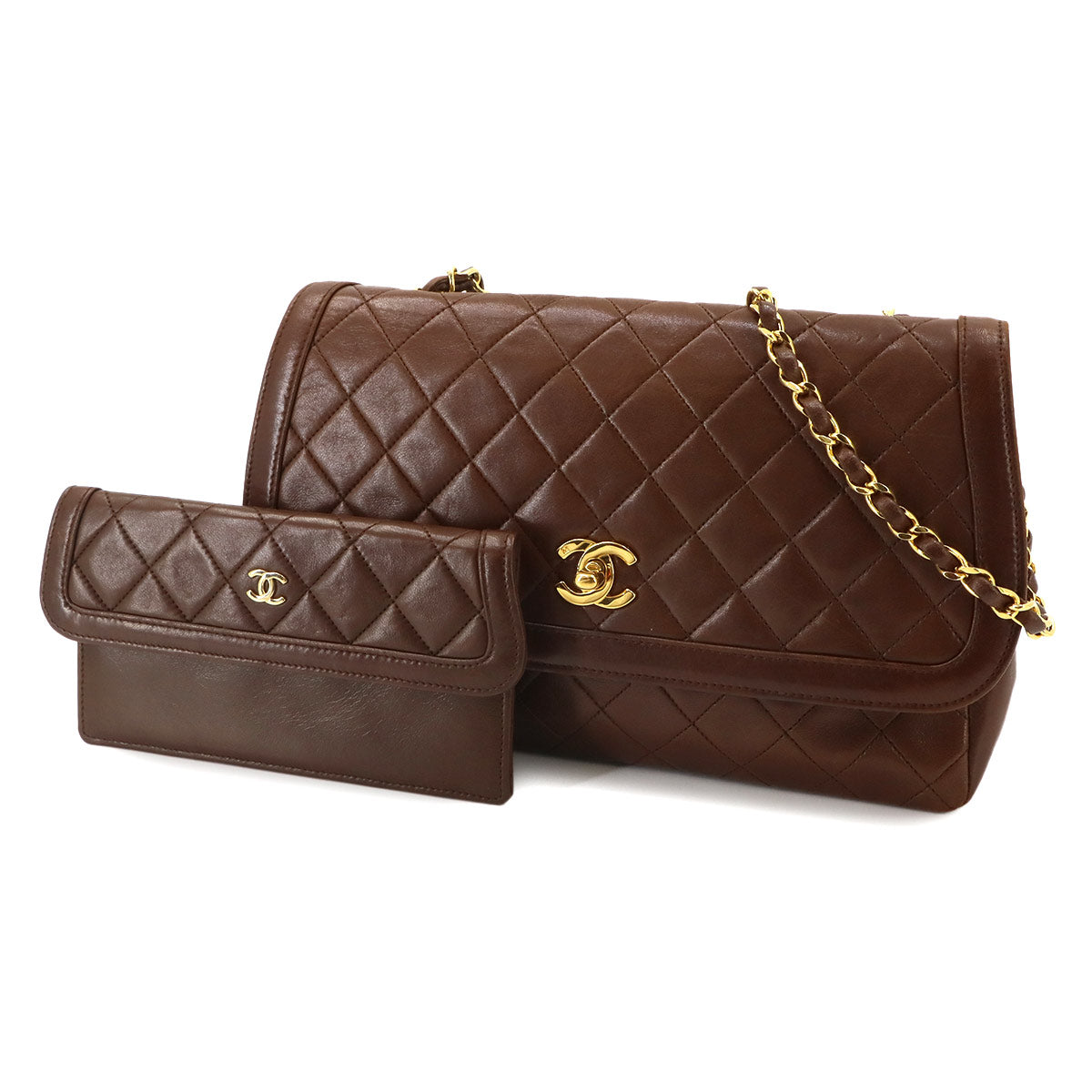 Matelasse Chain Shoulder Bag Leather Brown Vintage
