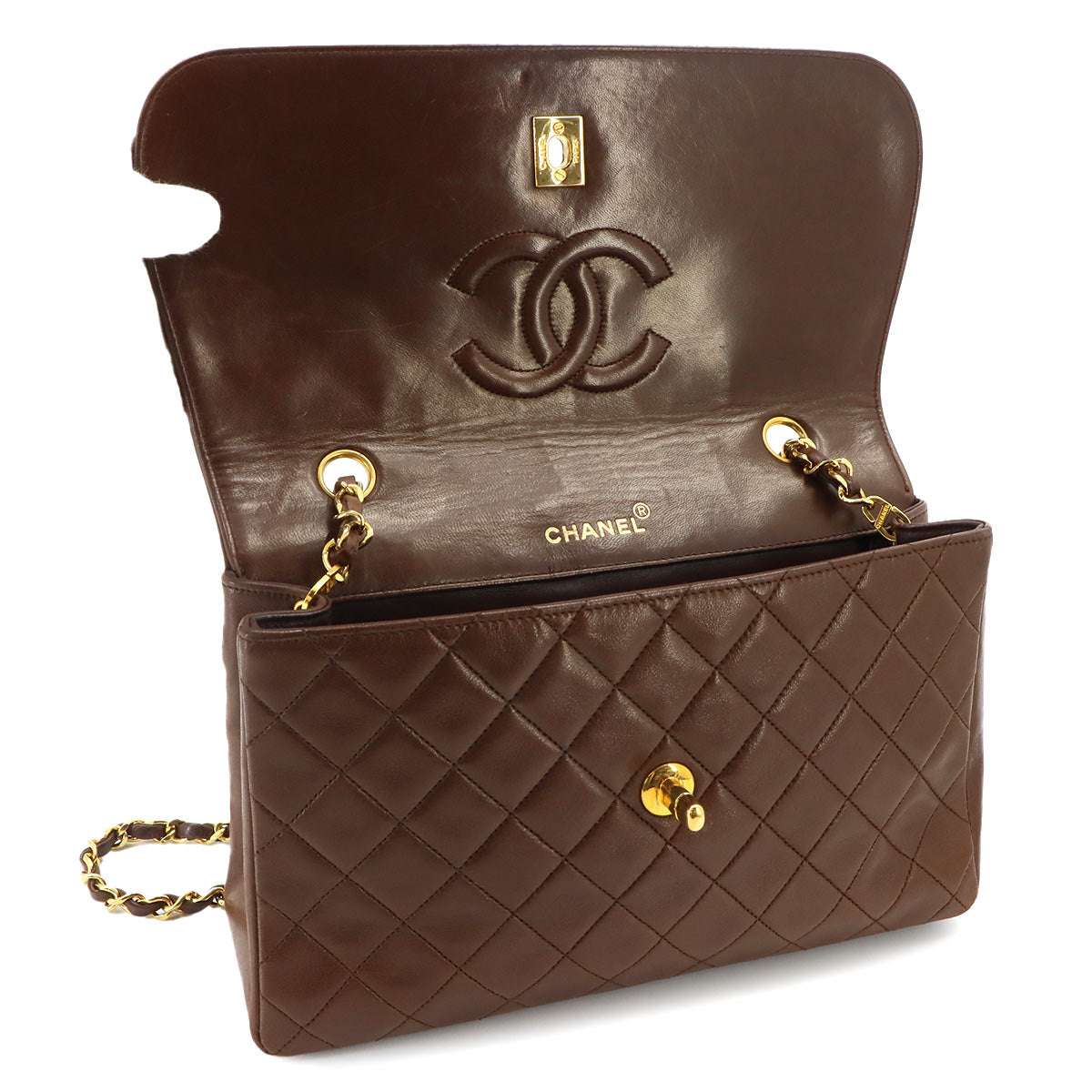 Matelasse Chain Shoulder Bag Leather Brown Vintage