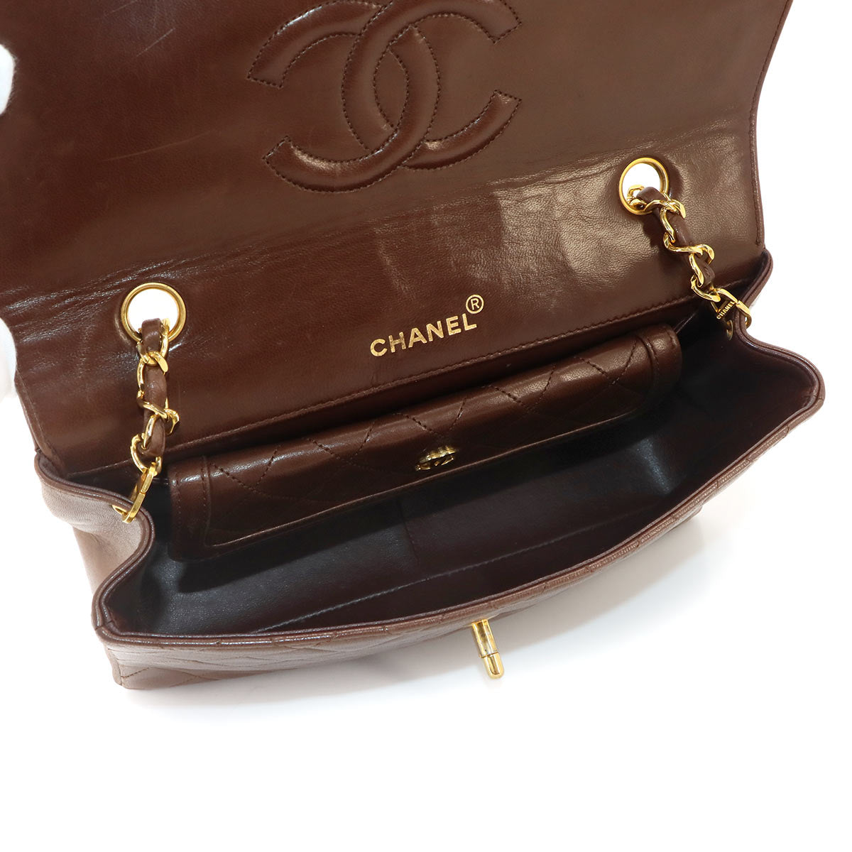 Matelasse Chain Shoulder Bag Leather Brown Vintage