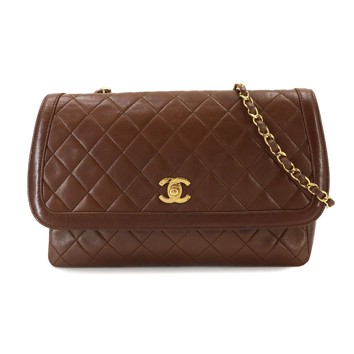Matelasse Chain Shoulder Bag Leather Brown Vintage