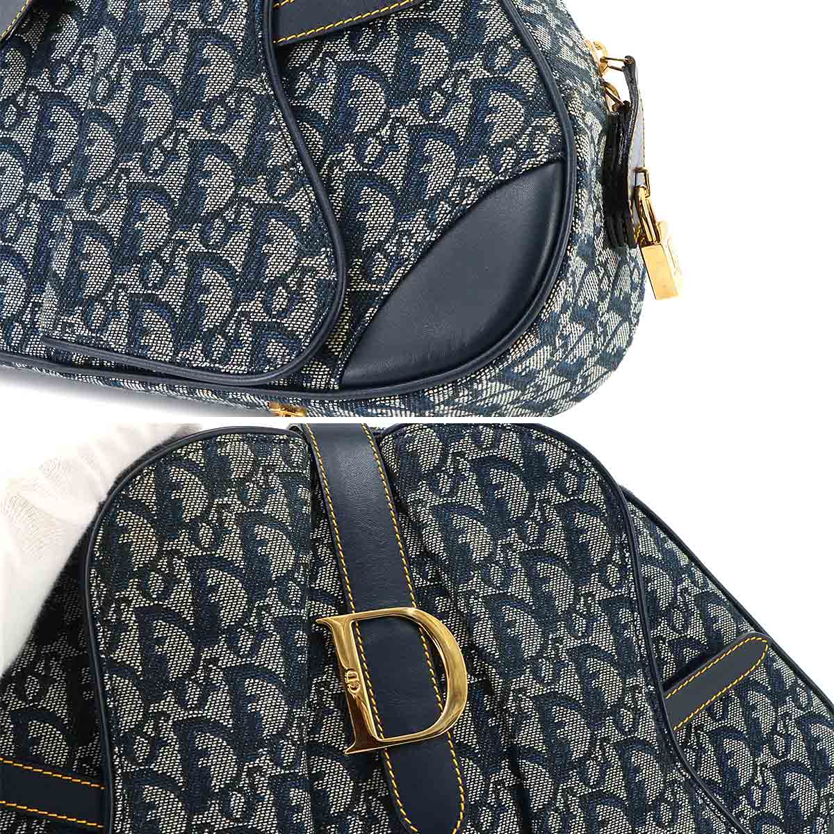 Trotter Double Saddle Bag Canvas Leather Navy Purse