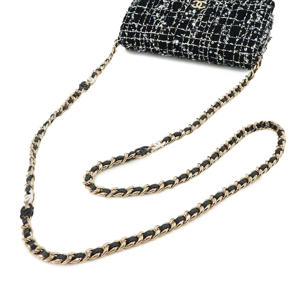 Matelasse Chain Wallet Tweed Leather Sequin Black White