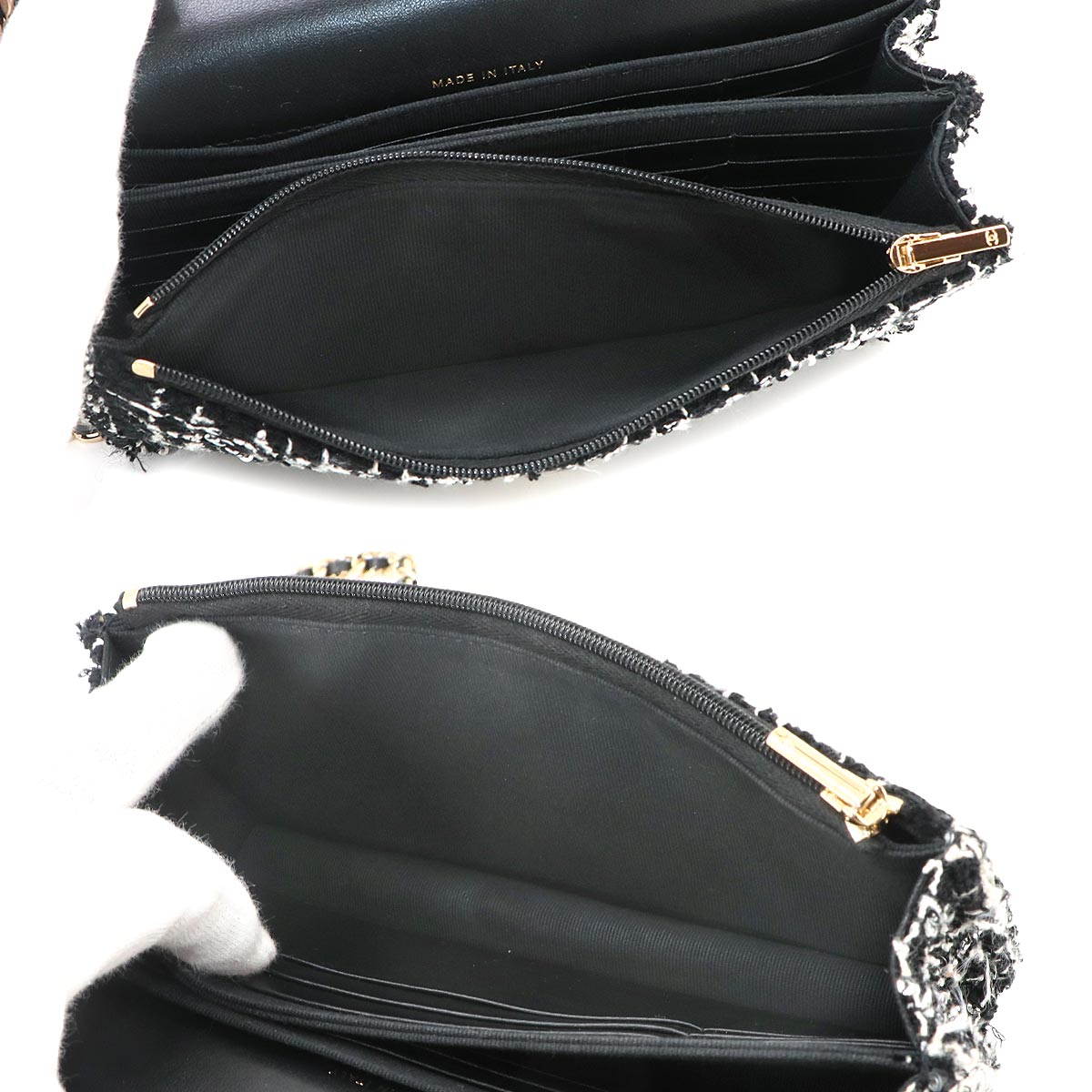Matelasse Chain Wallet Tweed Leather Sequin Black White