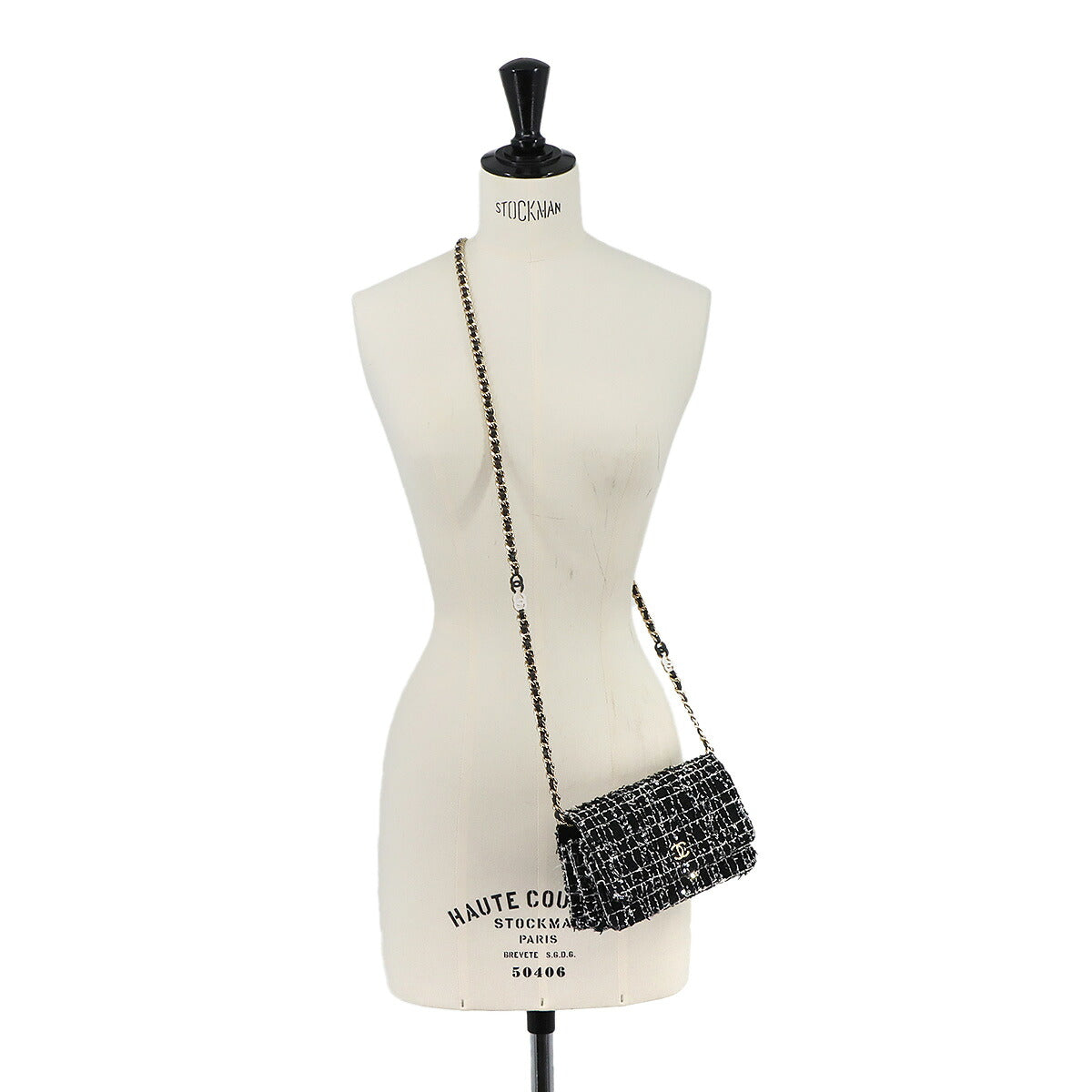 Matelasse Chain Wallet Tweed Leather Sequin Black White