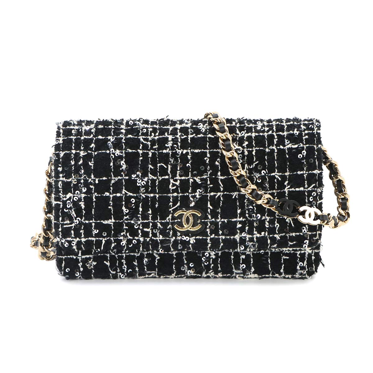Matelasse Chain Wallet Tweed Leather Sequin Black White