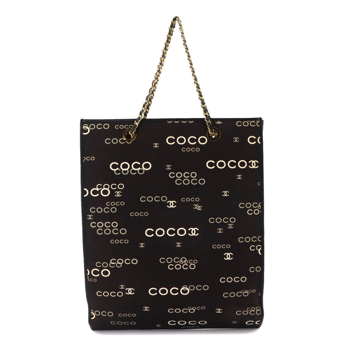 Coco Logos Chain Tote Bag Canvas Leather Black White Vintage