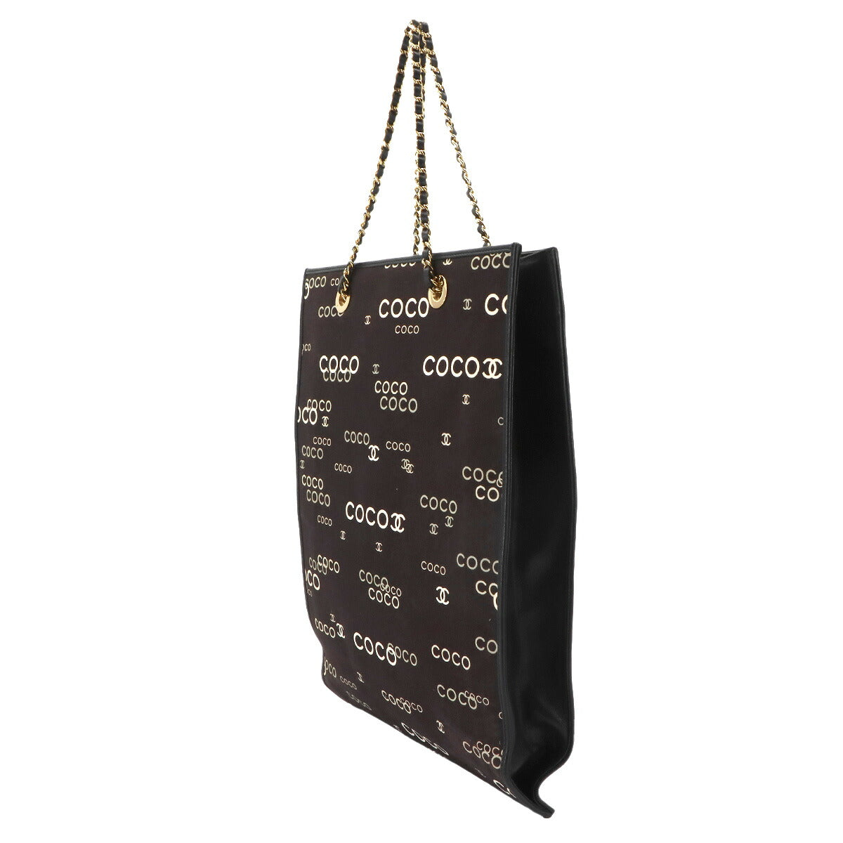 Coco Logos Chain Tote Bag Canvas Leather Black White Vintage