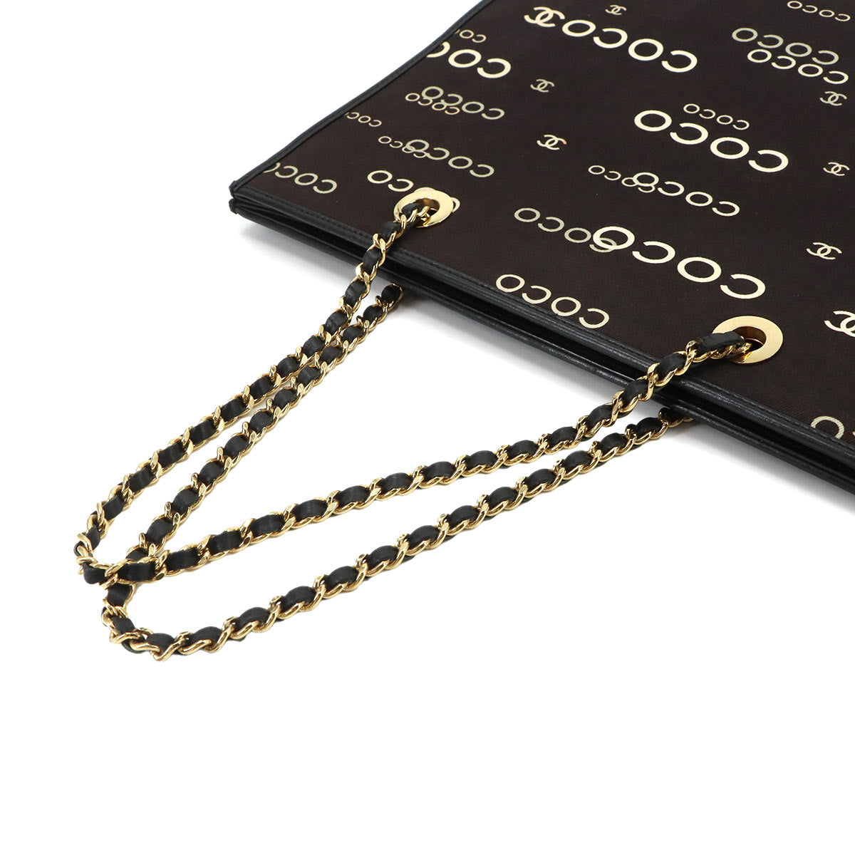 Coco Logos Chain Tote Bag Canvas Leather Black White Vintage