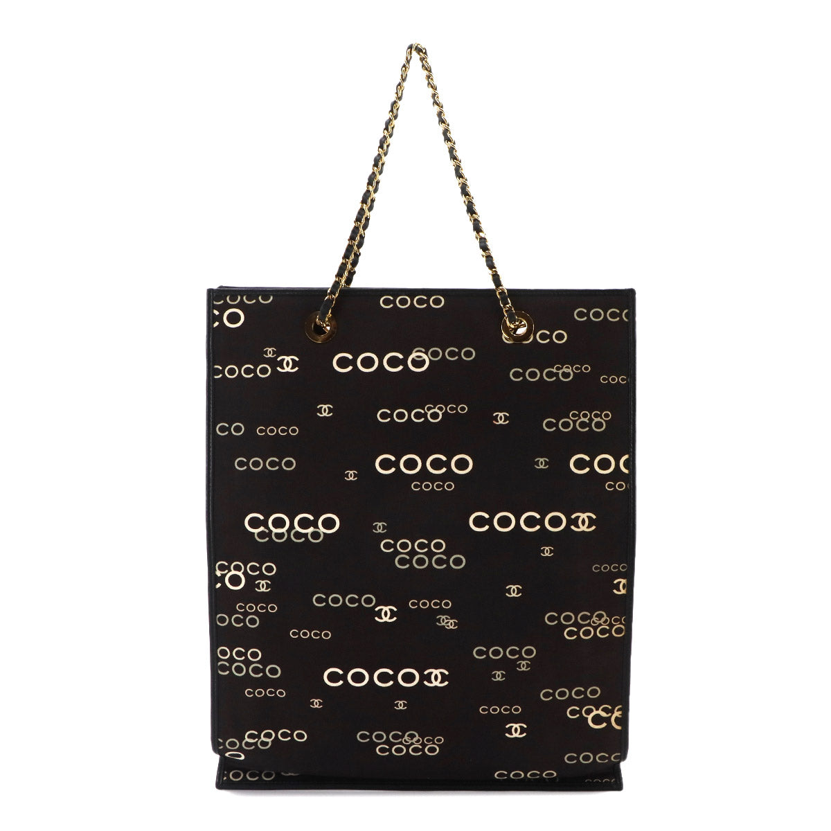 Coco Logos Chain Tote Bag Canvas Leather Black White Vintage