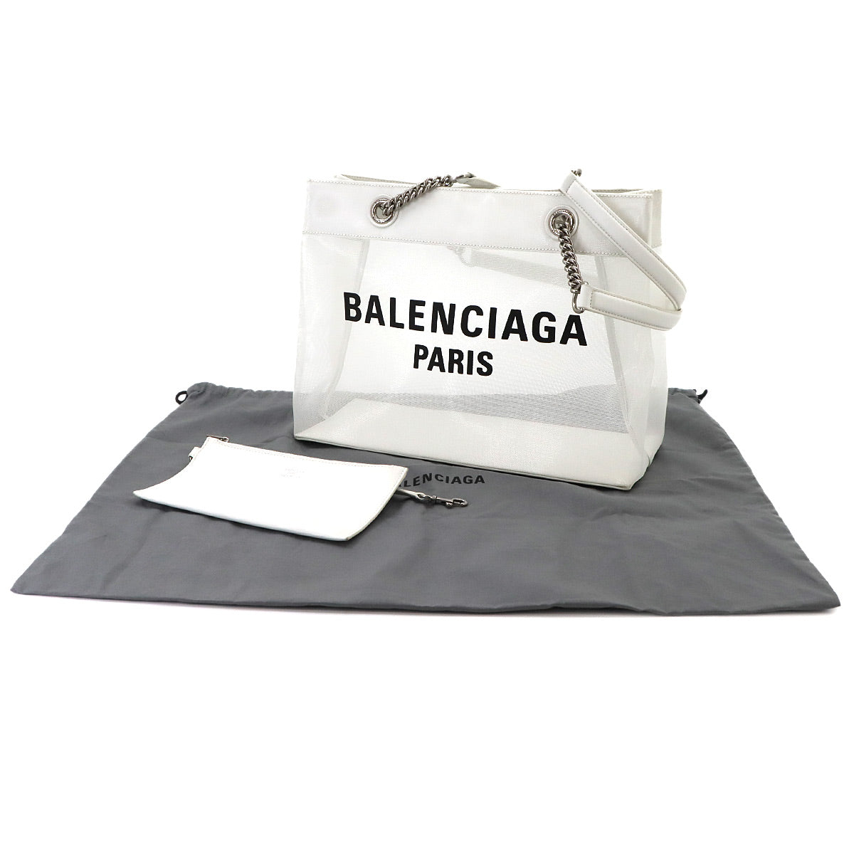 Duty Free Medium Tote Bag White Mesh Canvas Leather 741602