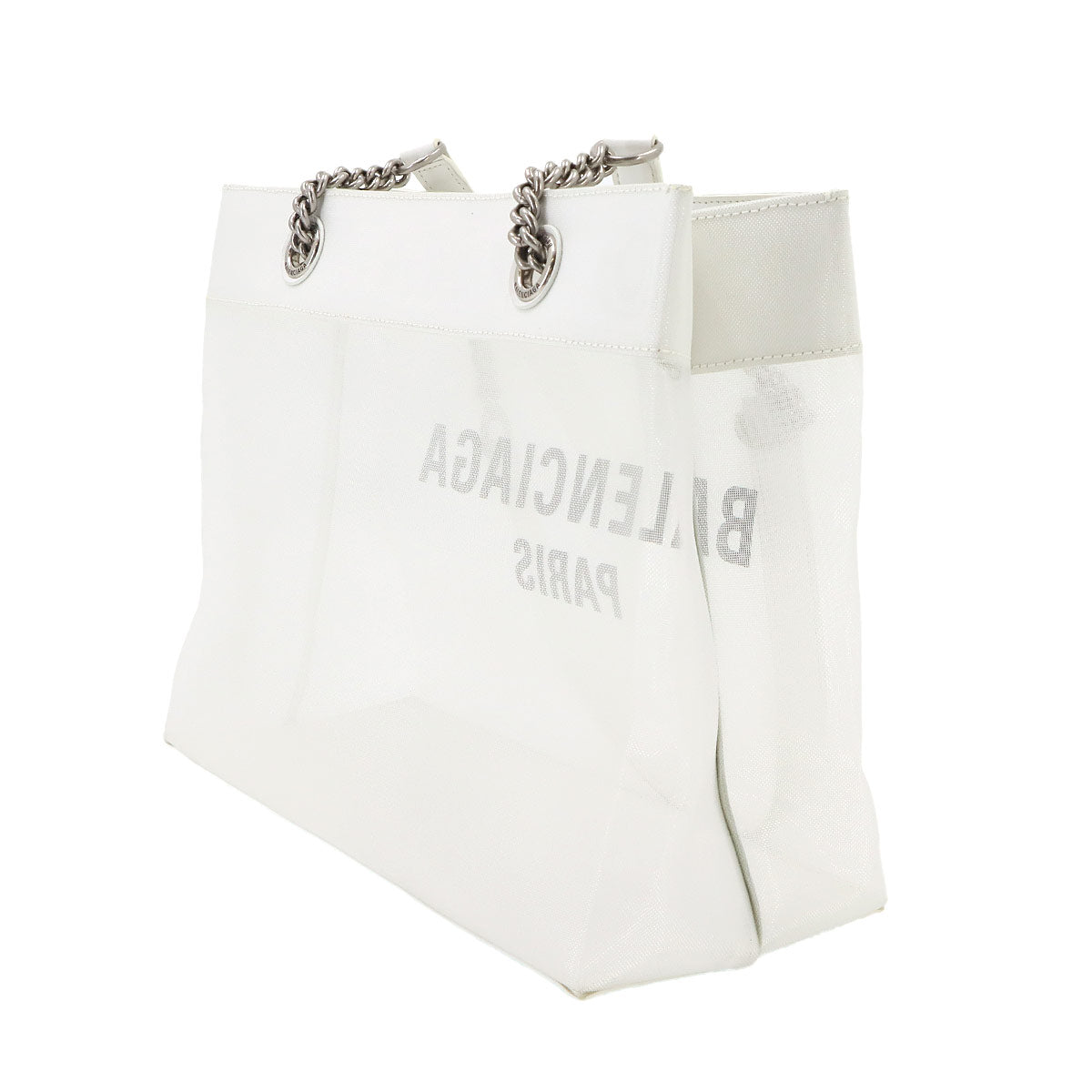Duty Free Medium Tote Bag White Mesh Canvas Leather 741602