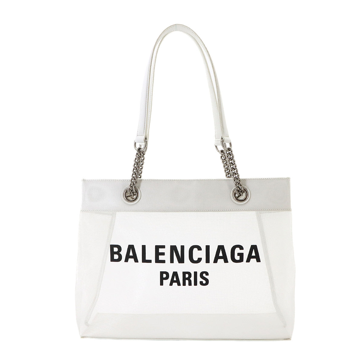 Duty Free Medium Tote Bag White Mesh Canvas Leather 741602