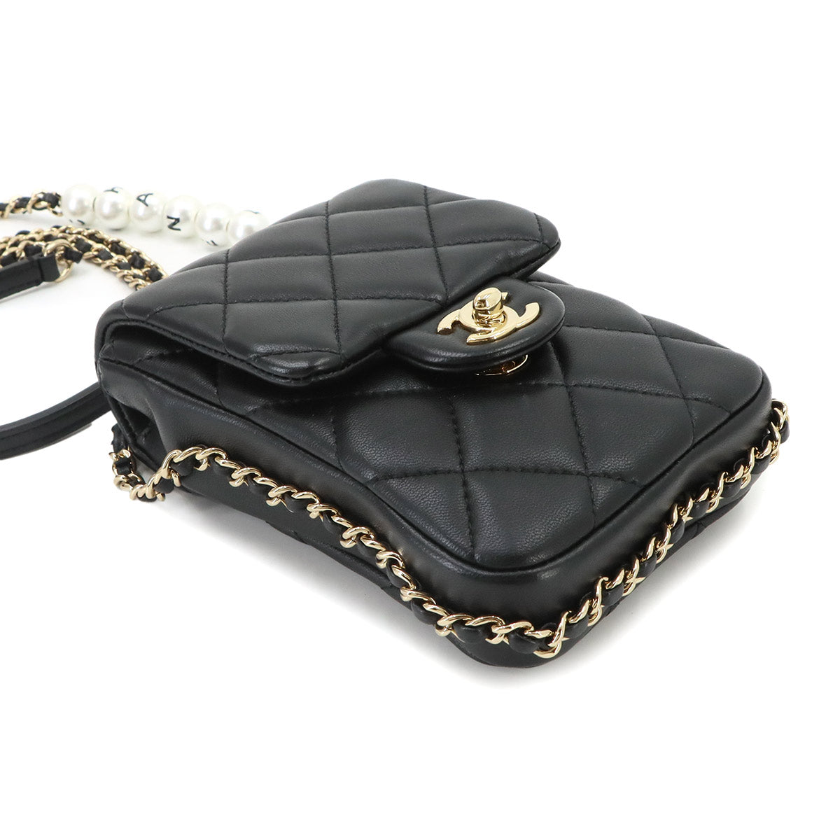 Matelasse Mobile Phone Case Chain Shoulder Bag Leather Black