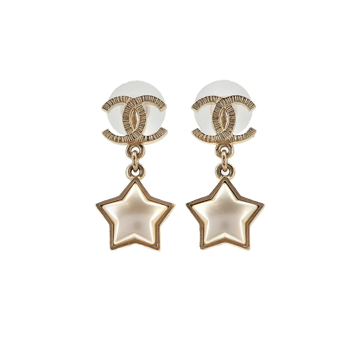 CC Logos Star Swing Pierced Earrings Faux Pearl Gold White A17B