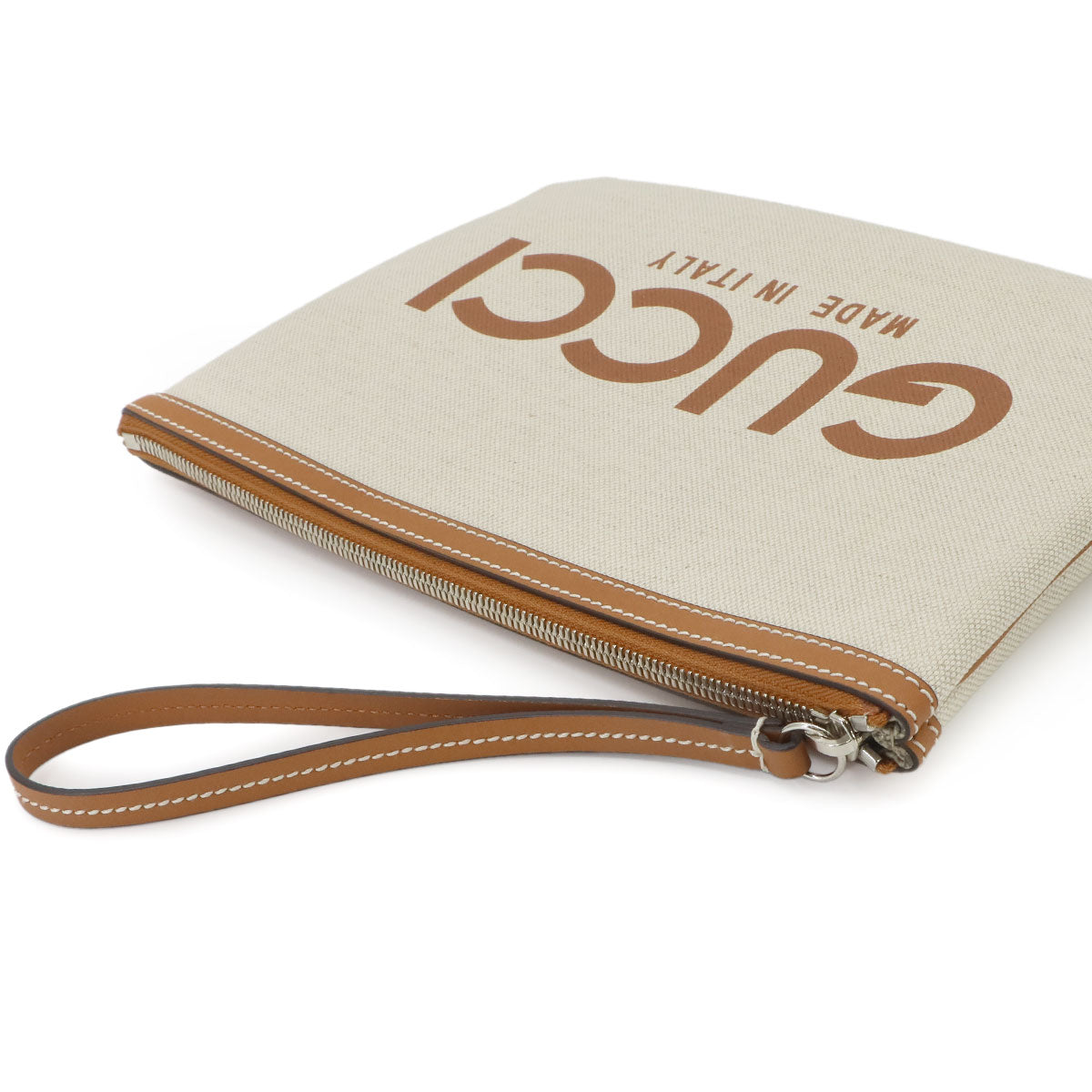 Clutch Bag Canvas Leather Beige Brown 777165 Purse