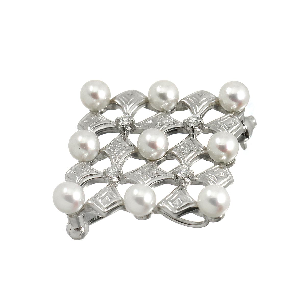 Akoya Pearl 4.1-4.0mm Diamond Brooch 18K White Gold 750