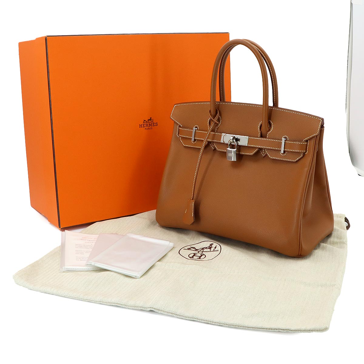 Birkin 30 Hand Bag Epsom Leather Gold Brown Purse