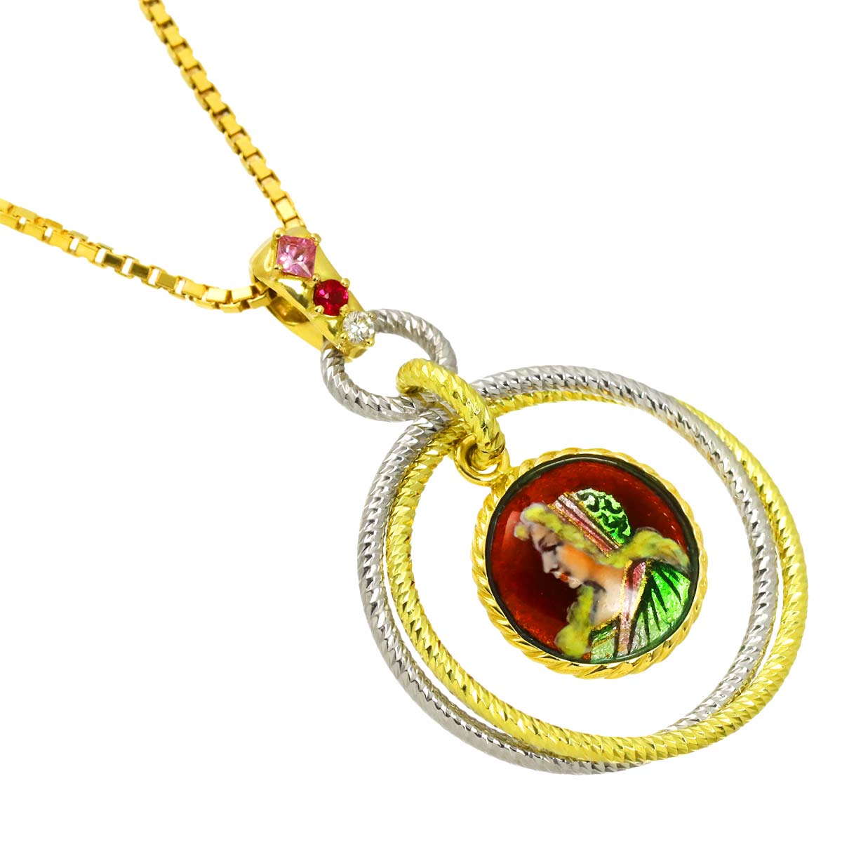 Diamond 0.02ct Ruby Sapphire Necklace 18K YG WG 750