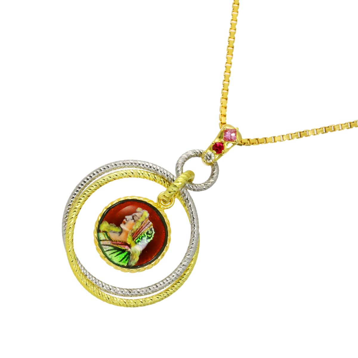 Diamond 0.02ct Ruby Sapphire Necklace 18K YG WG 750