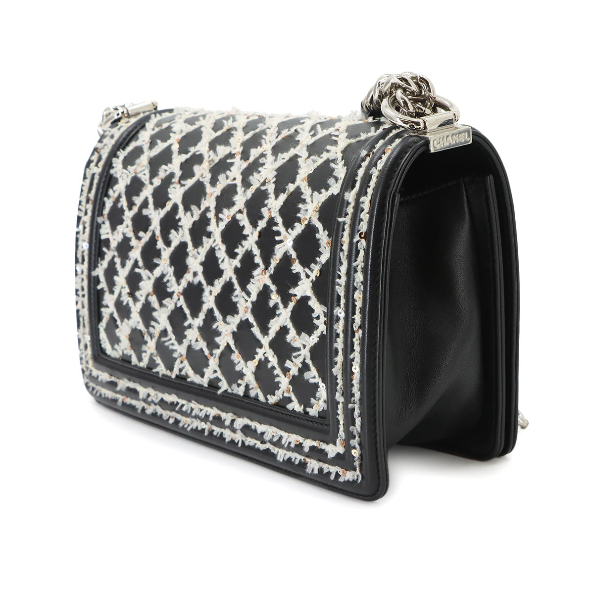 Boy Chanel Small Chain Shoulder Leather Black White Sequin