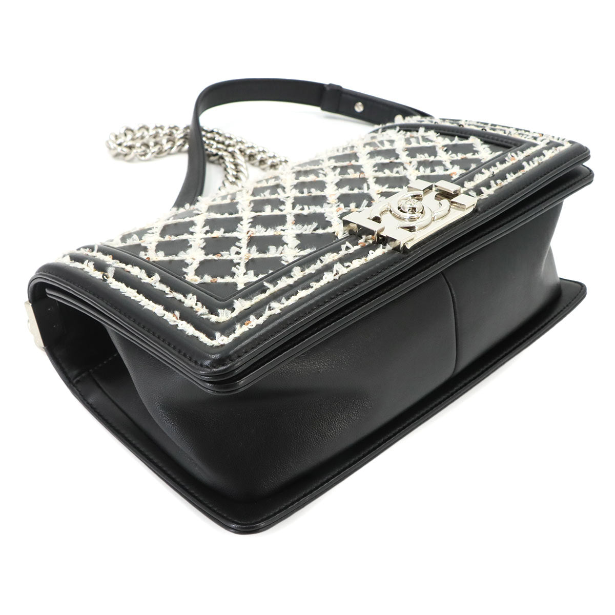 Boy Chanel Small Chain Shoulder Leather Black White Sequin