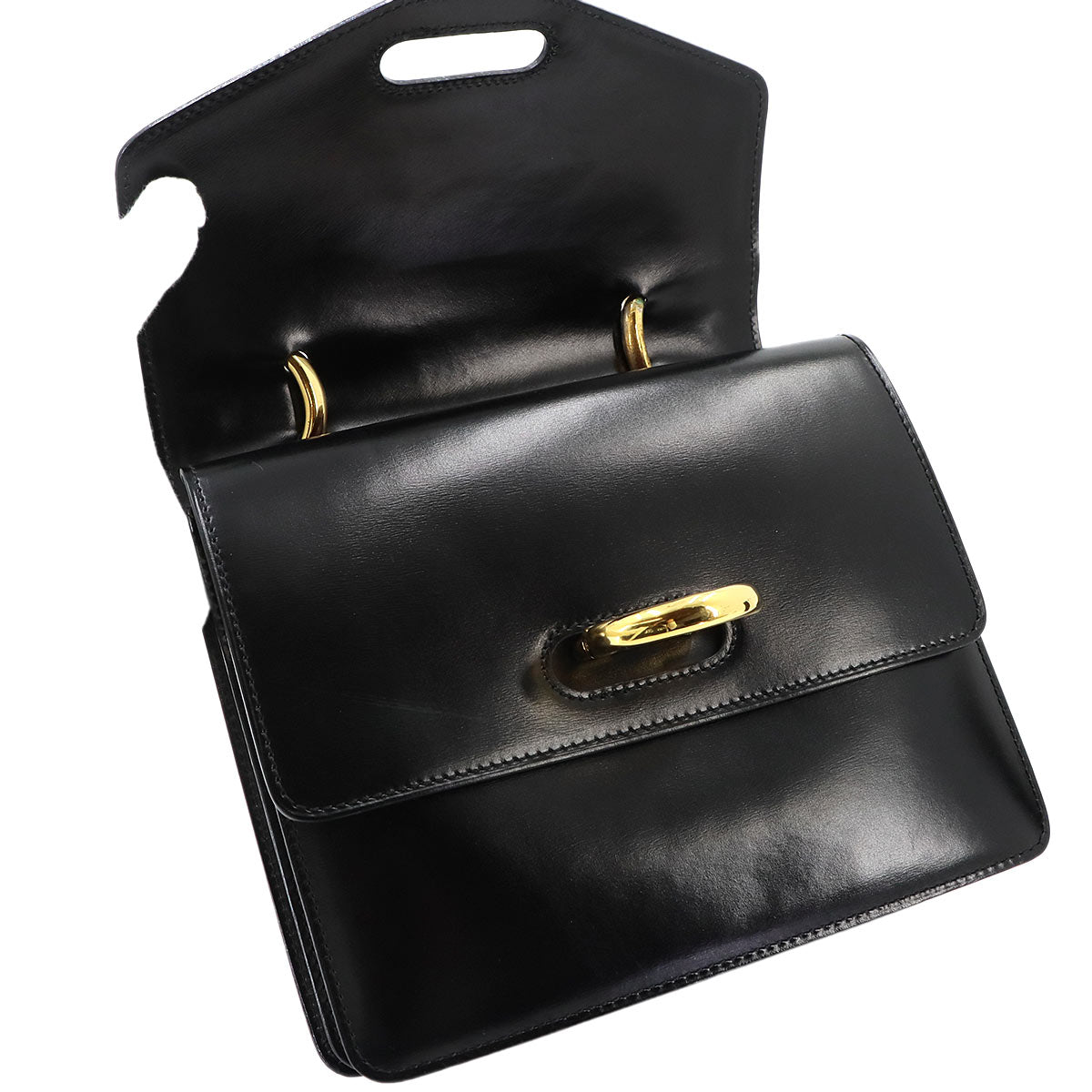 W Flap Hand Bag Leather Black Vintage Purse