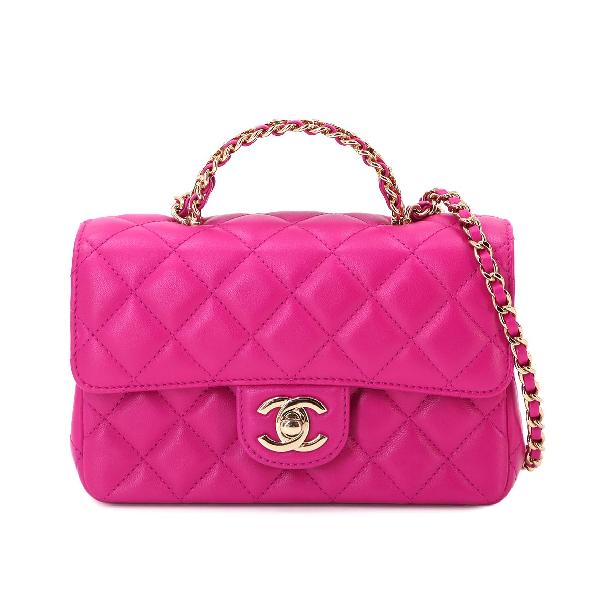 Matelasse Top Handle Mini Flap Hand Chain Shoulder Bag Pink