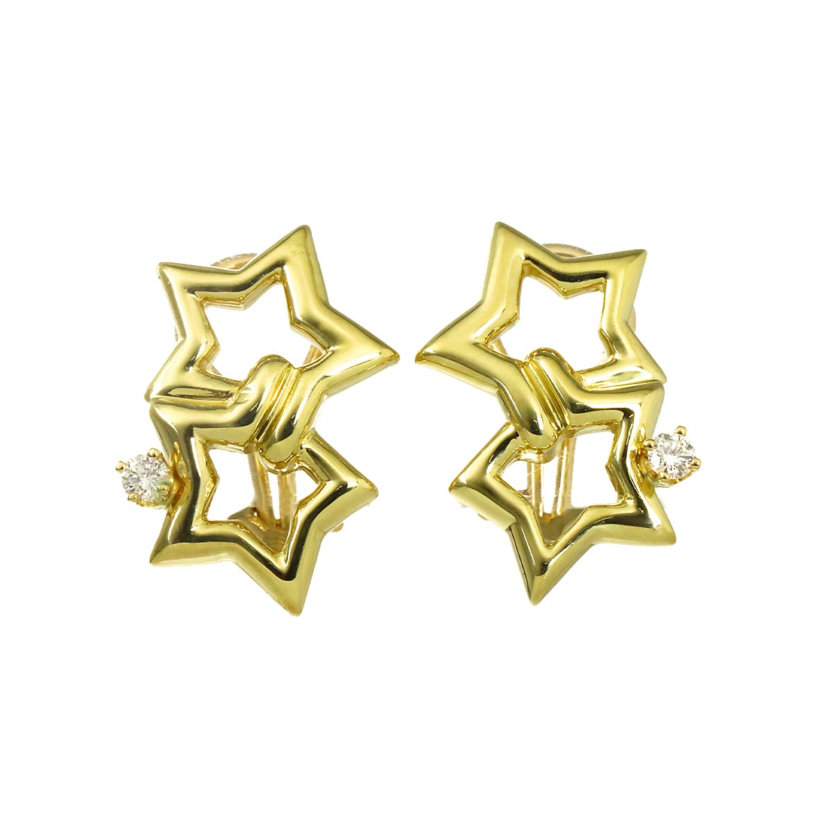 Double Star Diamond Earrings Clip on 18K Yellow Gold 750