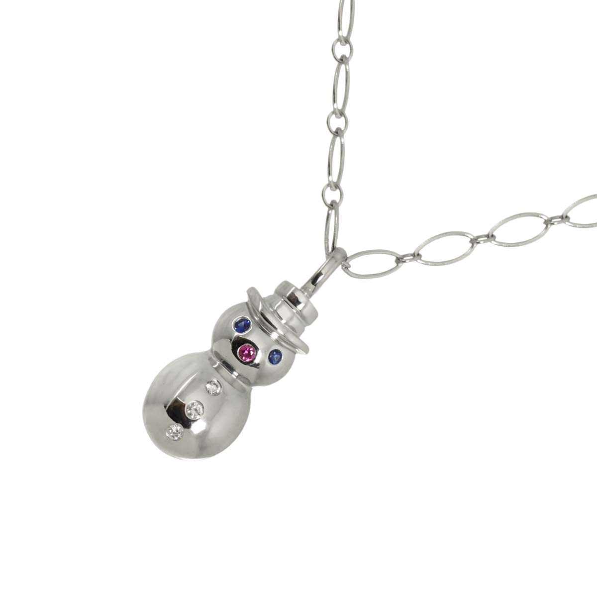 Snowman Sapphire Diamond Necklace 18K White Gold 750