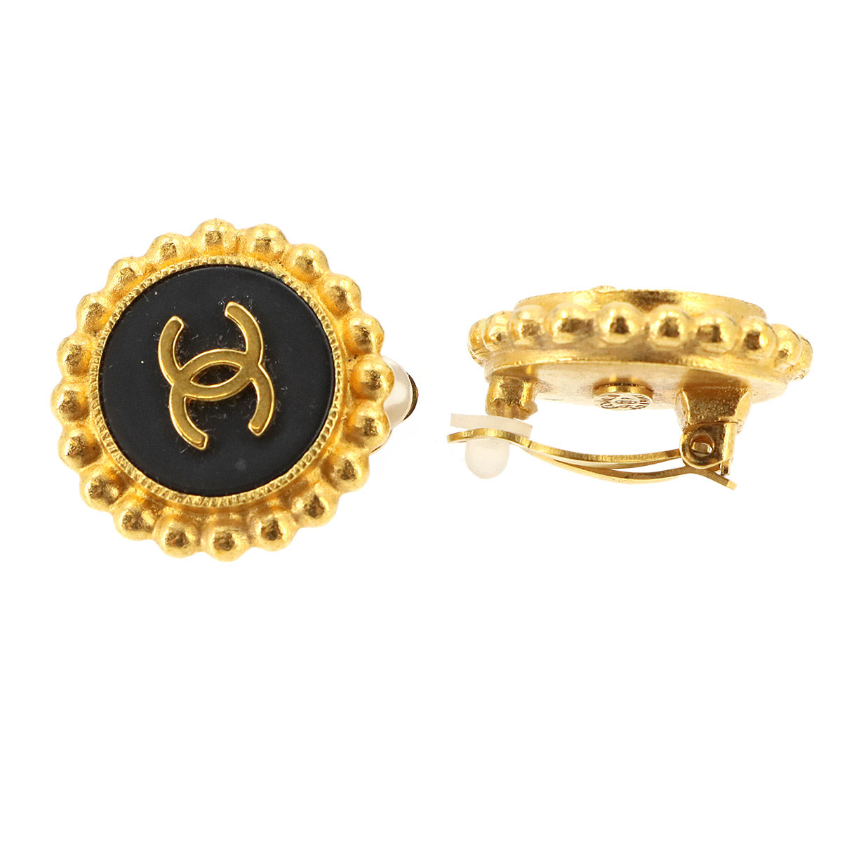 Round type Coco Logos Earrings Black Gold 94P Vintage Accessory