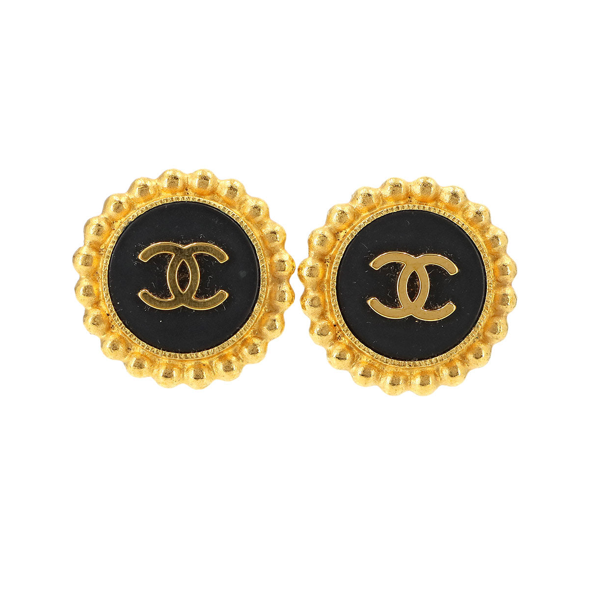 Round type Coco Logos Earrings Black Gold 94P Vintage Accessory