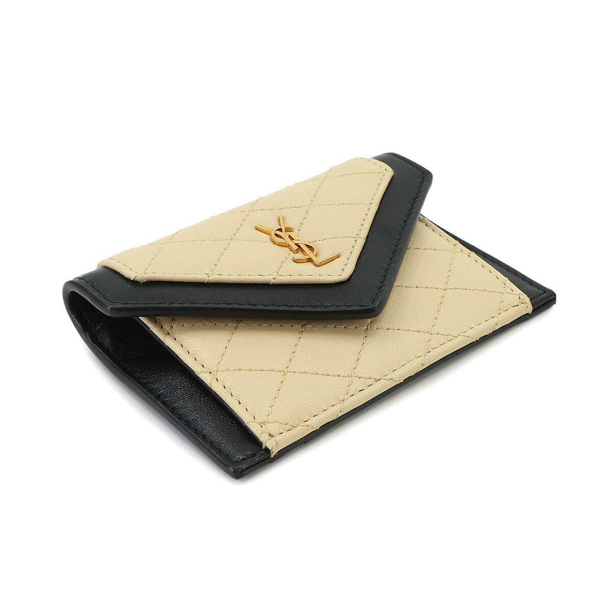 Gaby Flap Card Case Leather Beige Black 734921