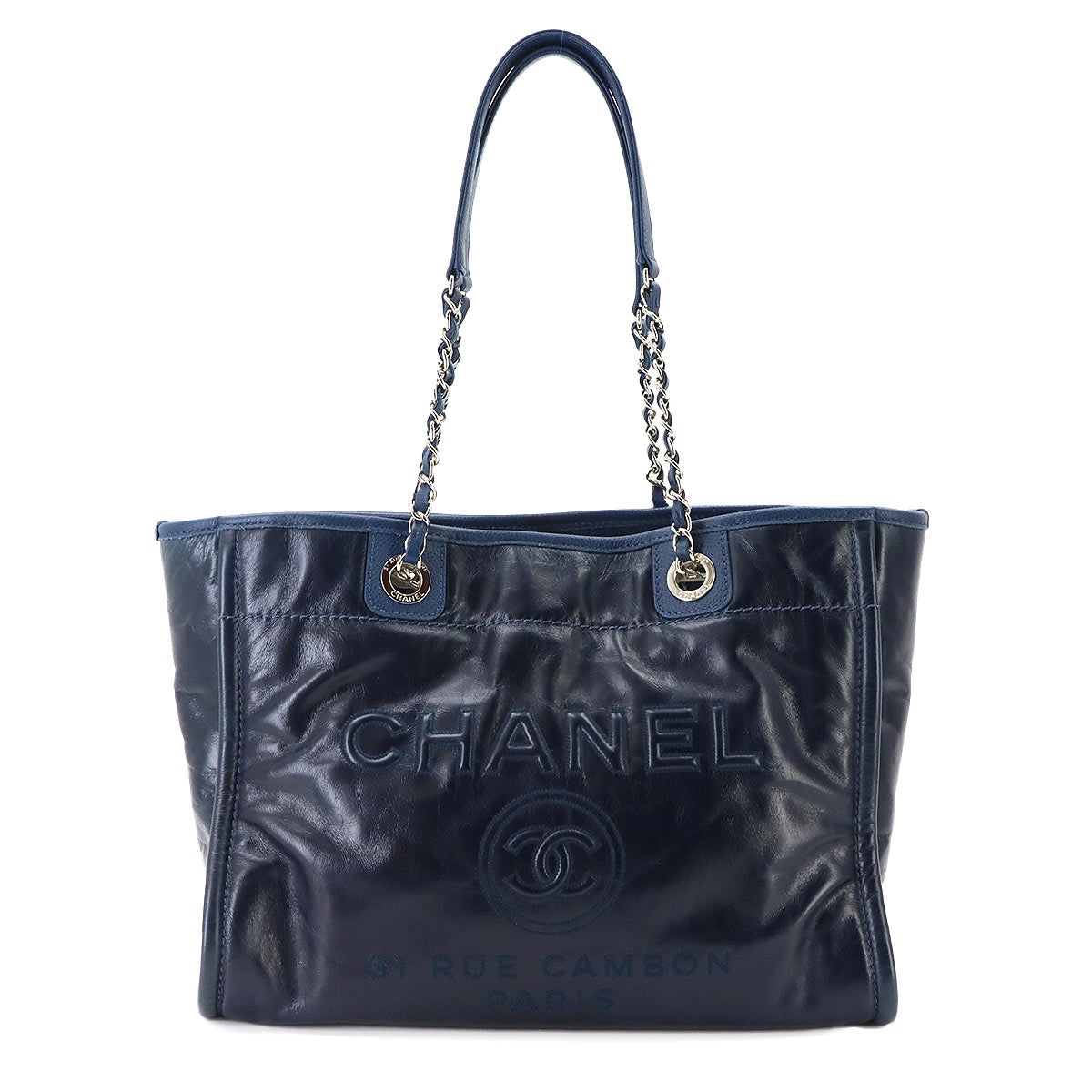 Deauville Chain Tote Bag Leather Navy A93257 Purse