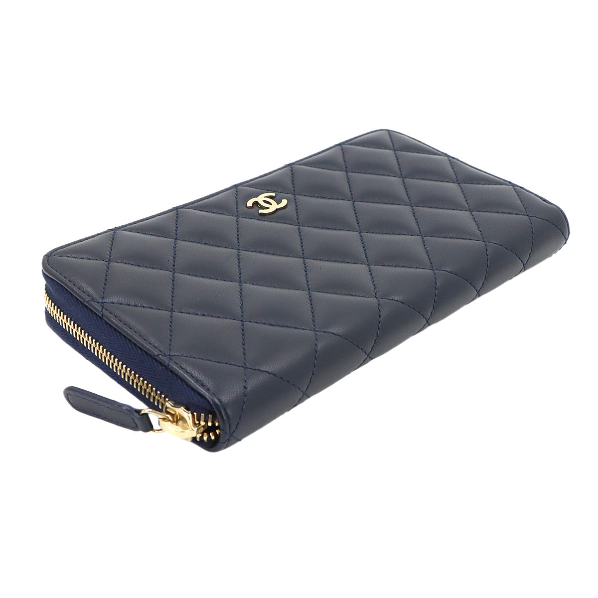 Matelasse Classic Long Zipped Wallet Leather Navy Purse