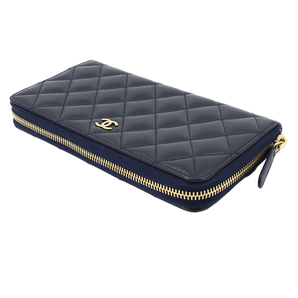 Matelasse Classic Long Zipped Wallet Leather Navy Purse