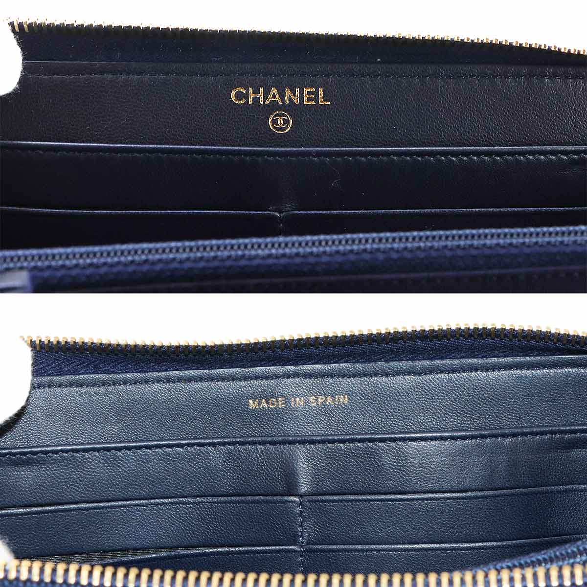 Matelasse Classic Long Zipped Wallet Leather Navy Purse