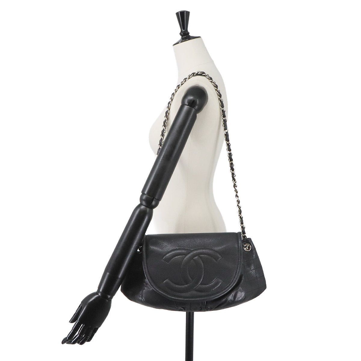 Half Moon Chain Shoulder Bag Leather Black Purse