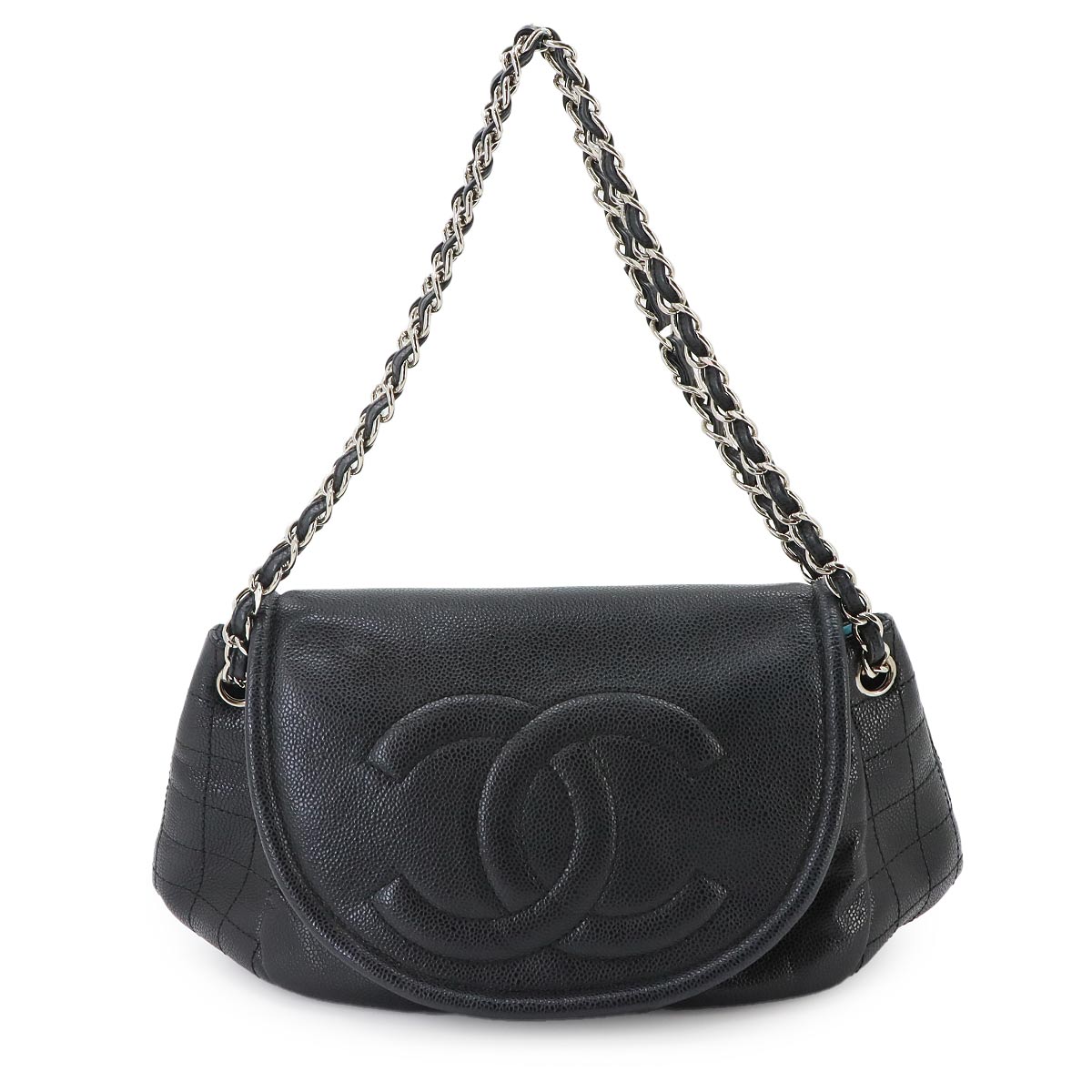 Half Moon Chain Shoulder Bag Leather Black Purse