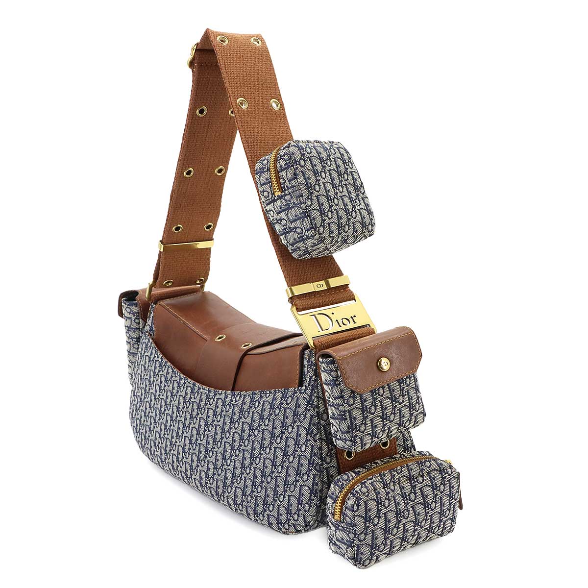 Street Chic Shoulder Bag Canvas Leather Navy Brown