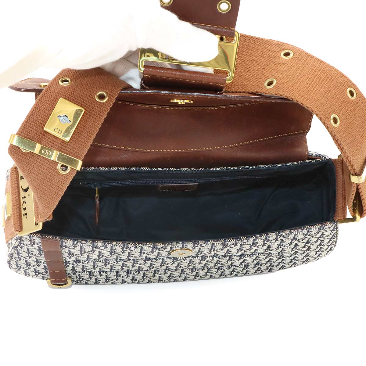 Street Chic Shoulder Bag Canvas Leather Navy Brown
