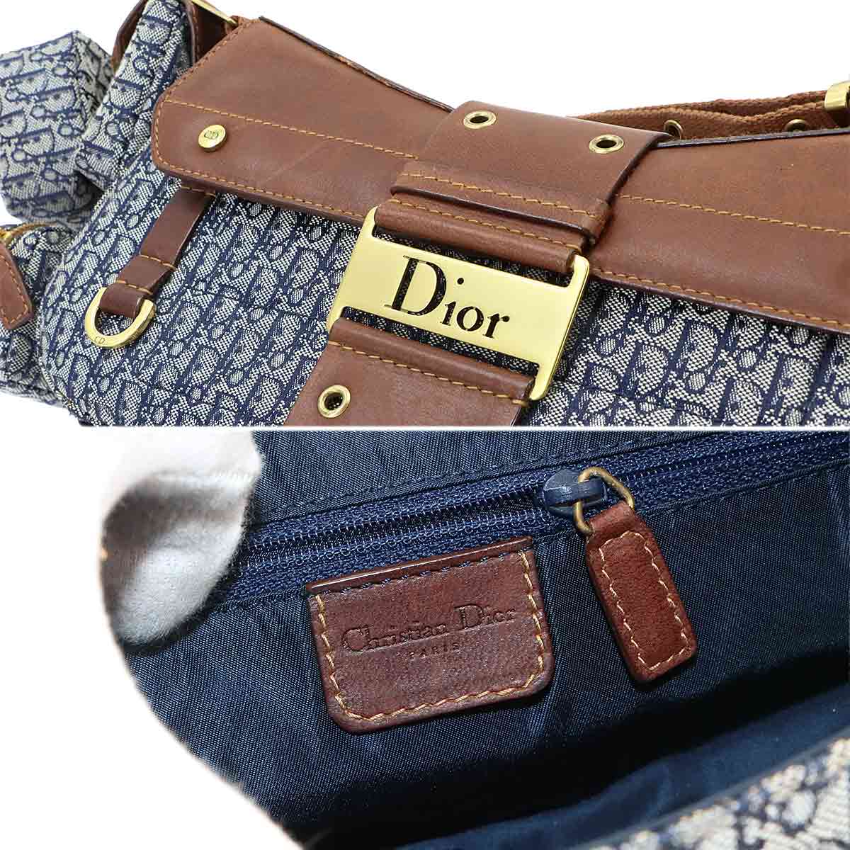 Street Chic Shoulder Bag Canvas Leather Navy Brown