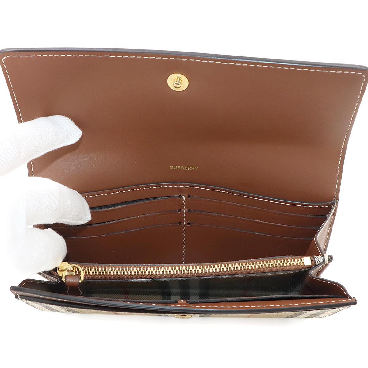 Plaid Long Wallet PVC Leather Beige Brown Check