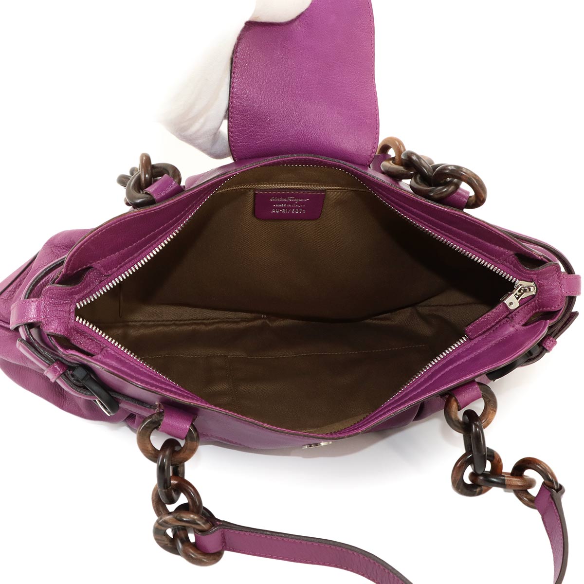 Gancini Wood Chain Shoulder Bag Leather Purple