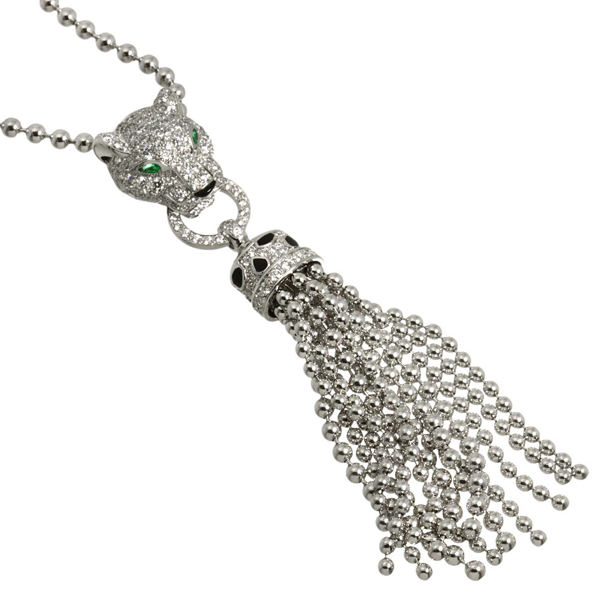 Cartier Panther Diamond Emerald Onyx Necklace 18K White Gold 750