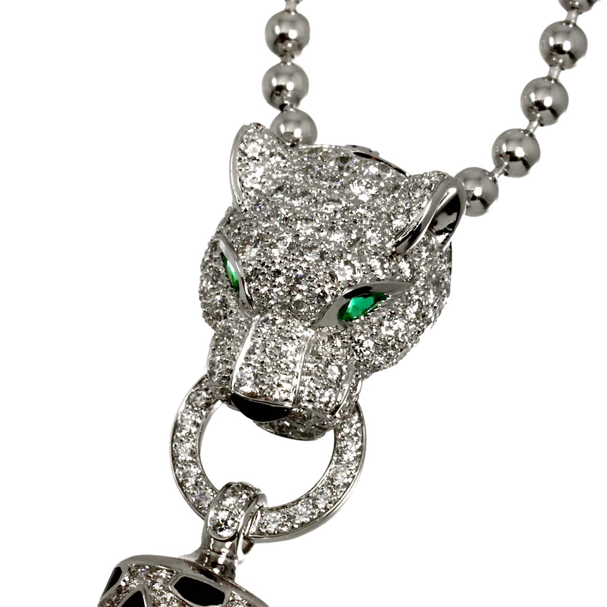 Cartier Panther Diamond Emerald Onyx Necklace 18K White Gold 750