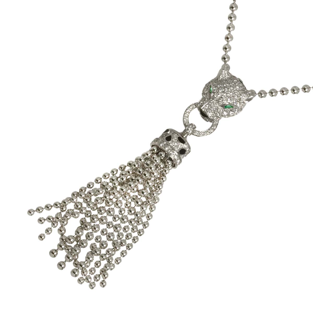 Cartier Panther Diamond Emerald Onyx Necklace 18K White Gold 750