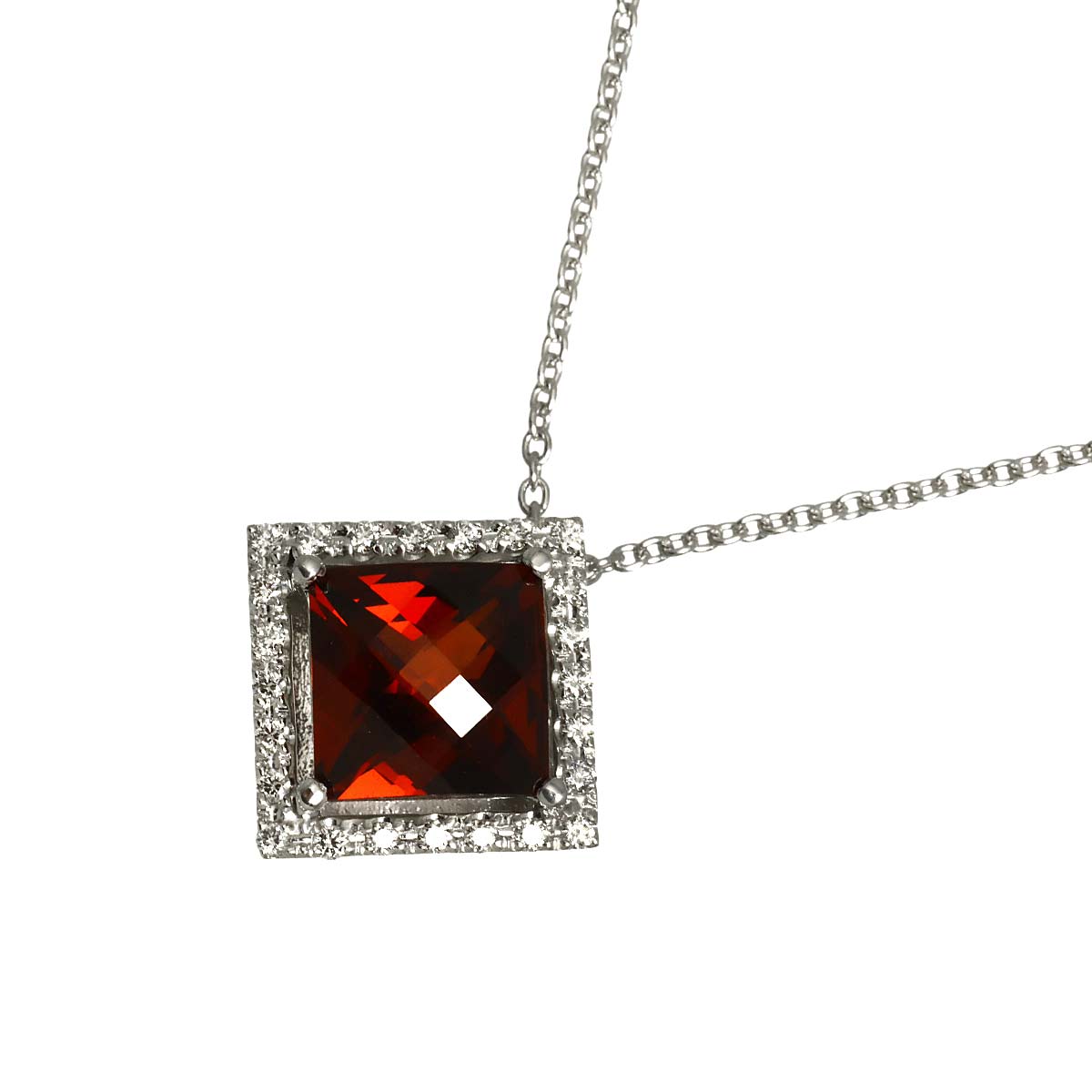 Garnet Diamond 0.21ct Necklace 18K White Gold 750
