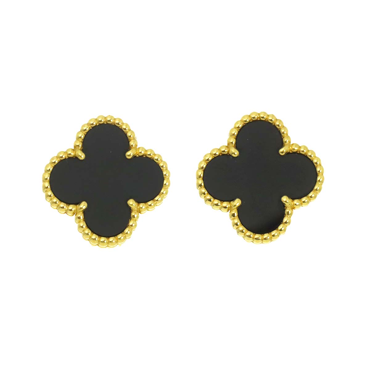 Vintage Alhambra Onyx Earrings Pierced 18K YG 750